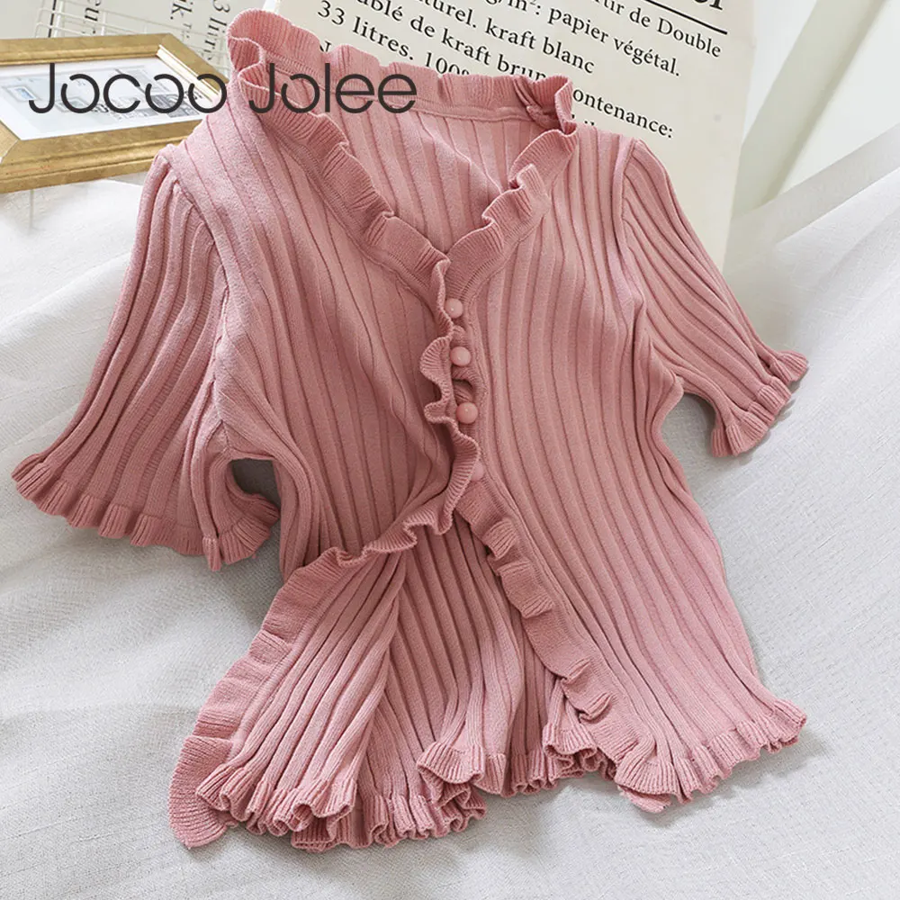 

Jocoo Jolee Sweet Chic Knitted Shirts Women V-neck Single Breasted Cropped Sweaters High Elactic Slim Cardigan Korean Knit Tops