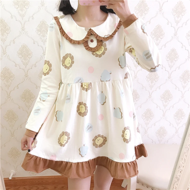 Lolita Japanese soft sister doll dress cute little lion printed long-sleeved student dress high waist victorian dress kawaii