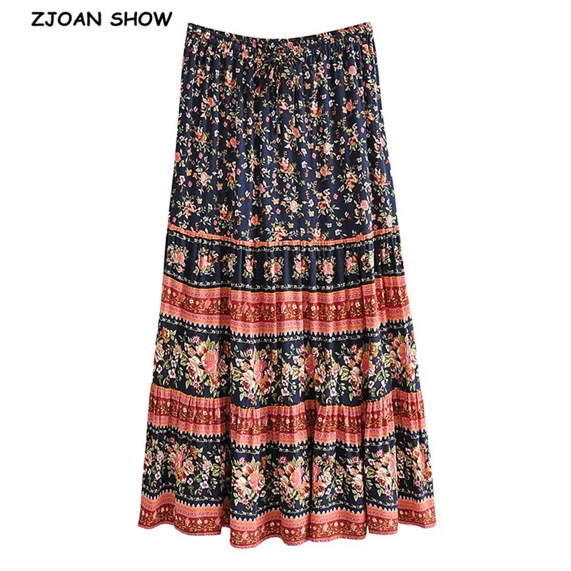 Bohemian Adjust Stream Elastic Waist  Floral Print Long Skirt Hippie Women Swing Skirts Holiday Beach