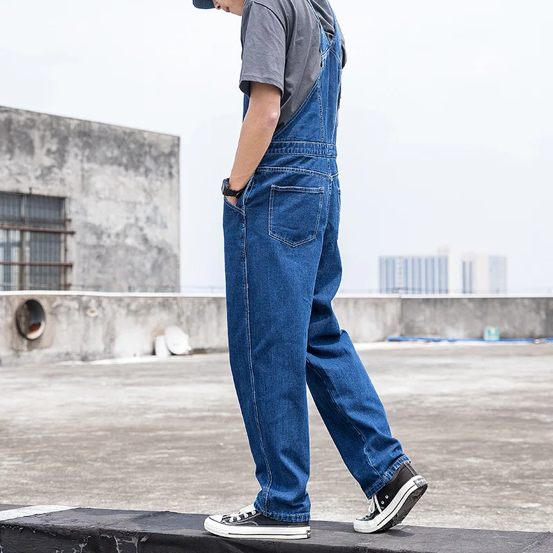 Overalls Men Bib Denim Jumpsuit Straight Jeans Hip Hop Big Pocket Wide Leg Cargo Pants Fashion Casual Blue Loose Trousers