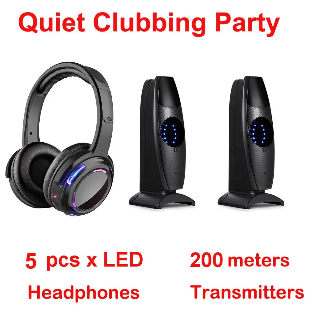 Silent Disco System LED Wireless Headset Light Earphone Quiet Clubbing Party Bundle (5 Headphones + 2 Transmitters)