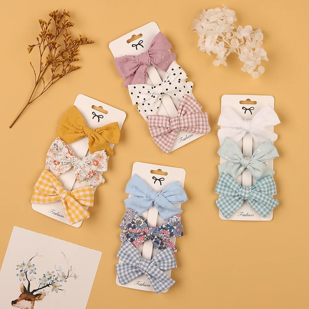 3Pcs/Set Cotton Linen Flower Print Hair Bow With Cloth Covered Clips Sweet Plain Solid BB Barrettes Hairpins Fashion Headwear