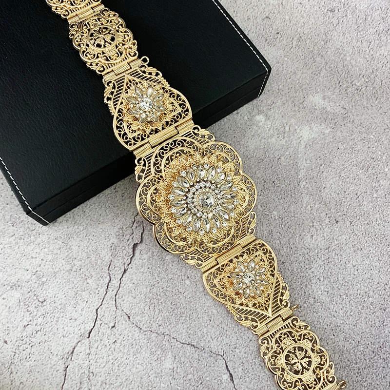 Moroccan Caftan Belt Flower Waist Chain for Women Round Crystal Ethnic Wedding Body Jewelry Bridal Gift