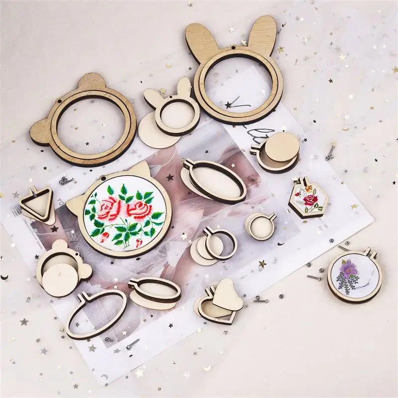 Wooden Mini Embroidery Hoop Ring Cross Stitch Frame  Round Oval Square Handmade Pendant Crafts Embroidery Circle Sewing Kit