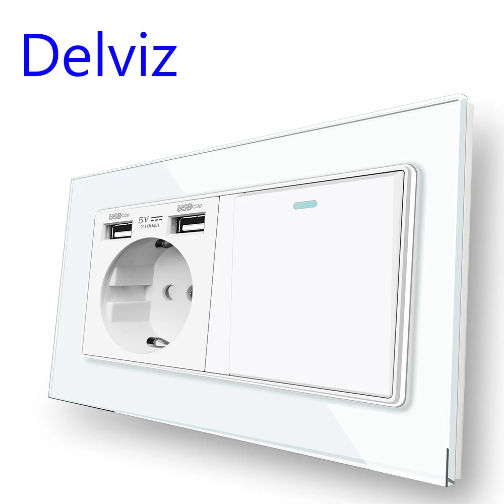 Delviz Wall Dual USB Socket, 1 Gang 2Way / 1Way push button Switch,White Crystal Glass Panel, EU Standard 16A Power Light Switch