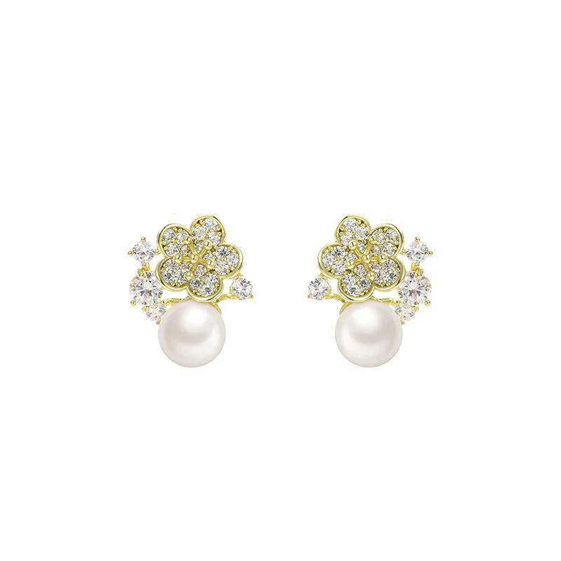 14 K Light  Gold Color Flowers Zircon and Pearl Hoop Earrings For Women AAAA+ Fashion Jewelry