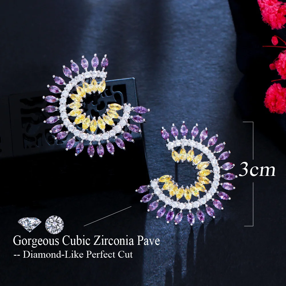 CWWZircons Unique Purple Yellow Cubic Zirconia Big Round Stud Earrings for Women Trending Boho Party Jewelry Accessories E0200