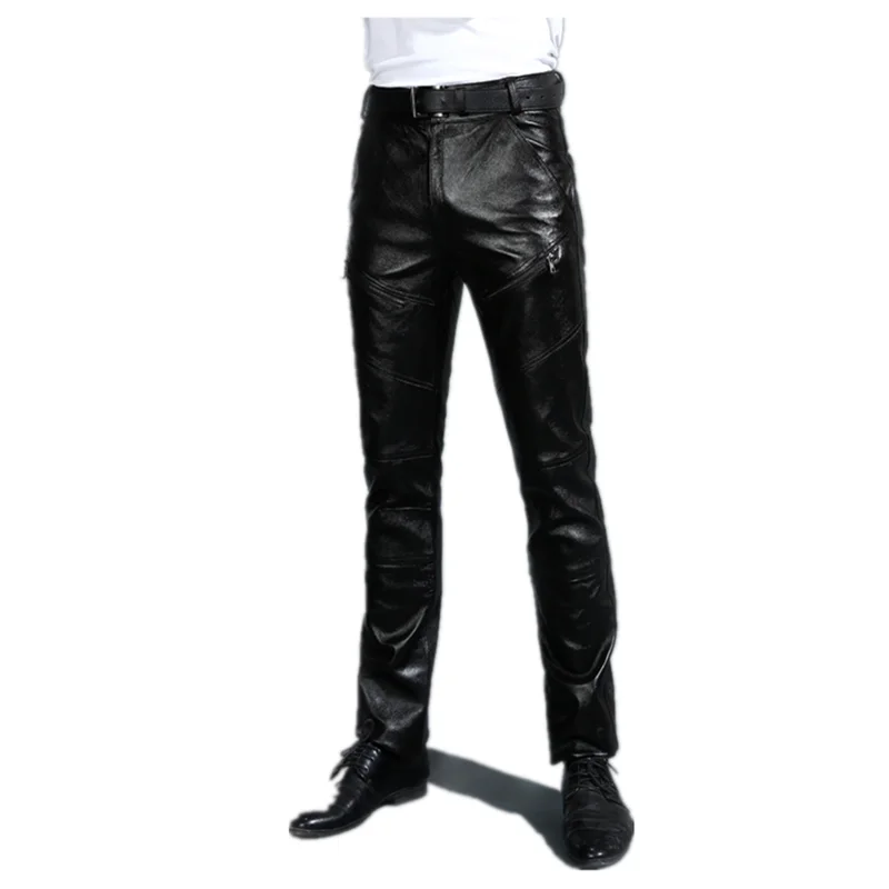 Men Leather Pants, Youth Men, Genuine With Fleece Thickened Pants, Autumn Winter, First Layer Cowhide Pants, Goatskin Pants