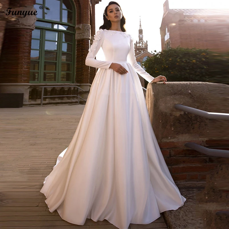 Funyue Muslim Civil Wedding Dresses 2024 3D Flowers Lace Satin Bride Dress Long Sleeve Vintage Arabric Formal Wedding Gowns