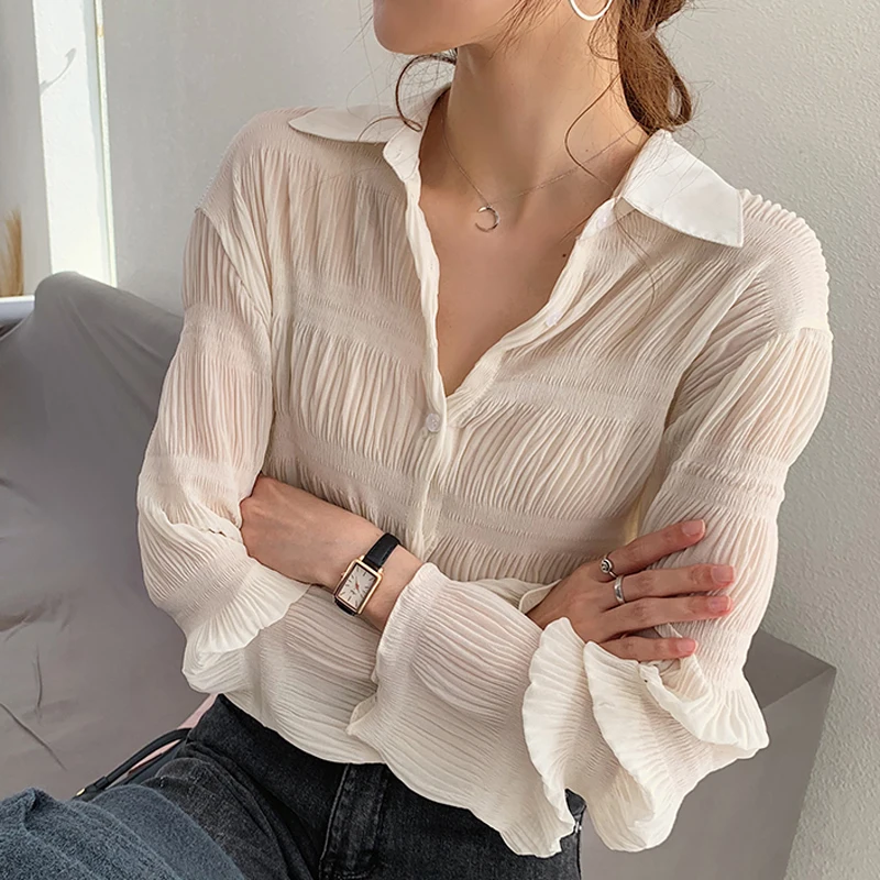 New 2023 Spring Vintage Elegant Women Chiffon Blouses Casual Long Sleeve Blusas Femme Turn-down Collar Solid Shirts Female Tops