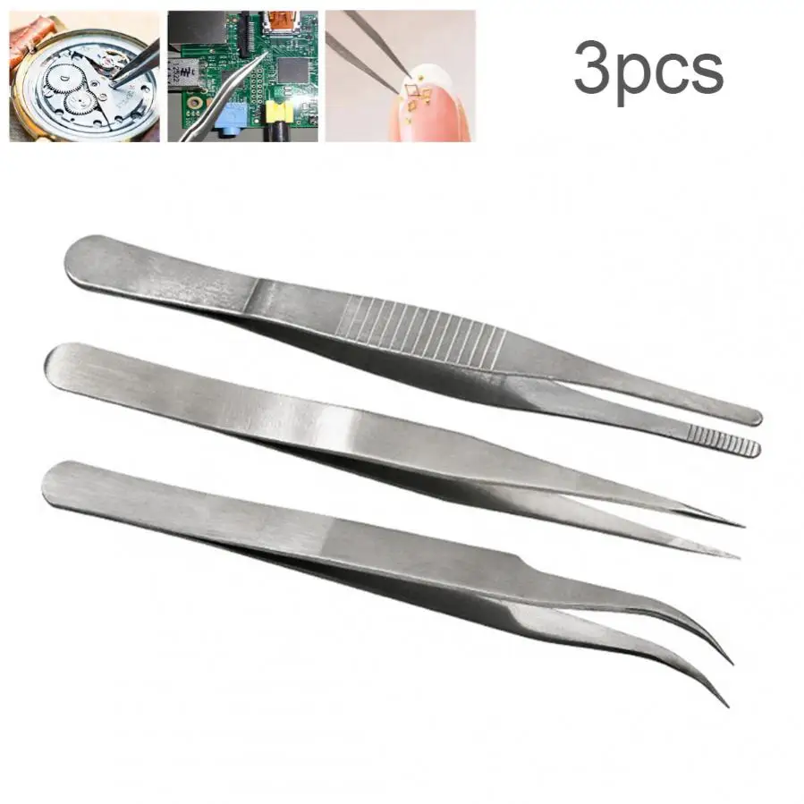 3pcs Stainless Steel Tweezers Set High Resistance 1.5MM Repair Tool Kit Curved Straight Tweezer for Electronics Jewelry Crafts