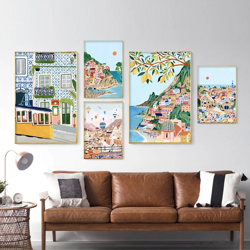 Wall Art Canvas Landscape Poster Painting Retro Travel Famous Cities Spain Turkey Italy Picture Print Living Room Home Decor