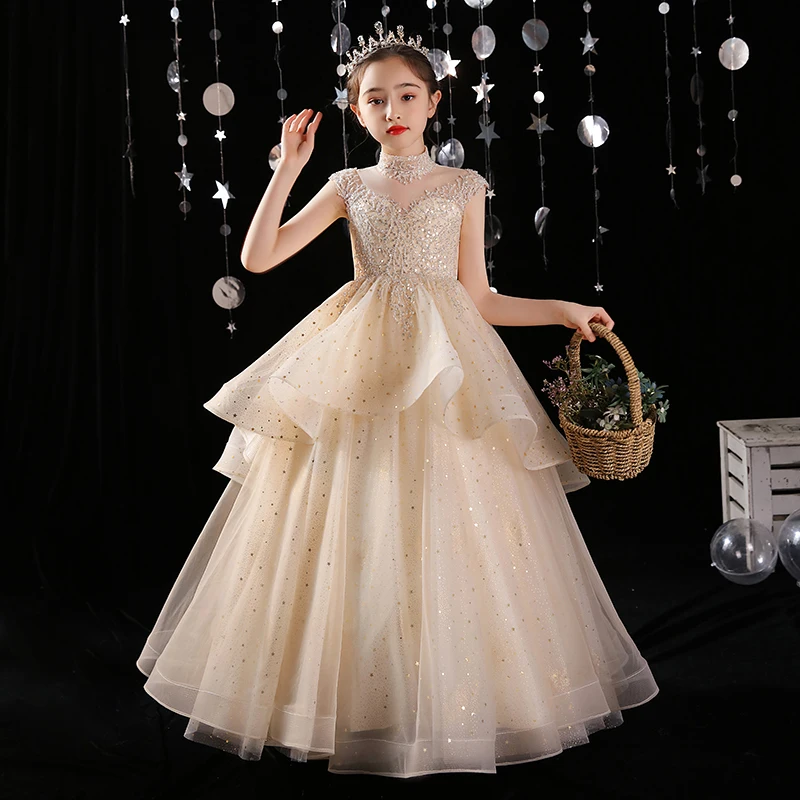 Champagne Long Tulle Flower Girl Dresses Sequin Lace Party Wedding Birthday Formal Dresses for Girl Princess Communion Costume