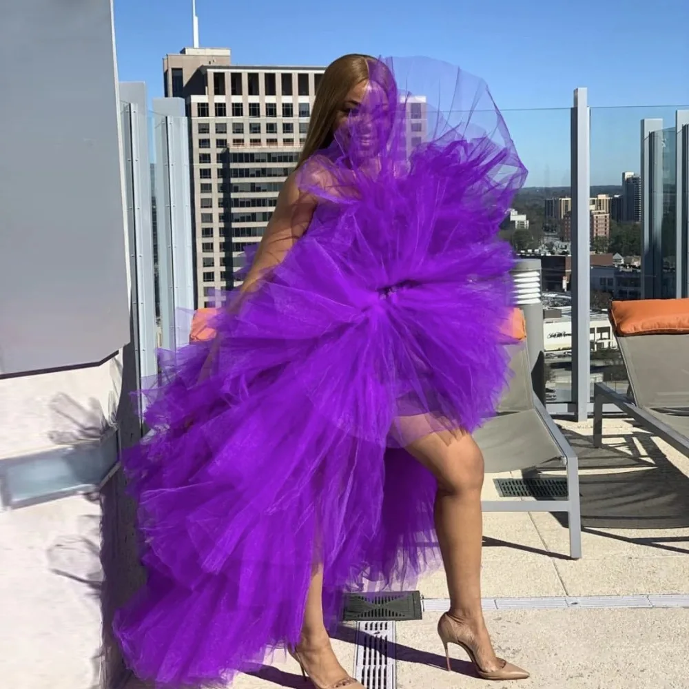 

Purple Hi Low Tulle Dress Plus Size Layered Ruffle Puffy Mesh Prom Dresses Tulle Gown robe de soiree Cheap Custom Made