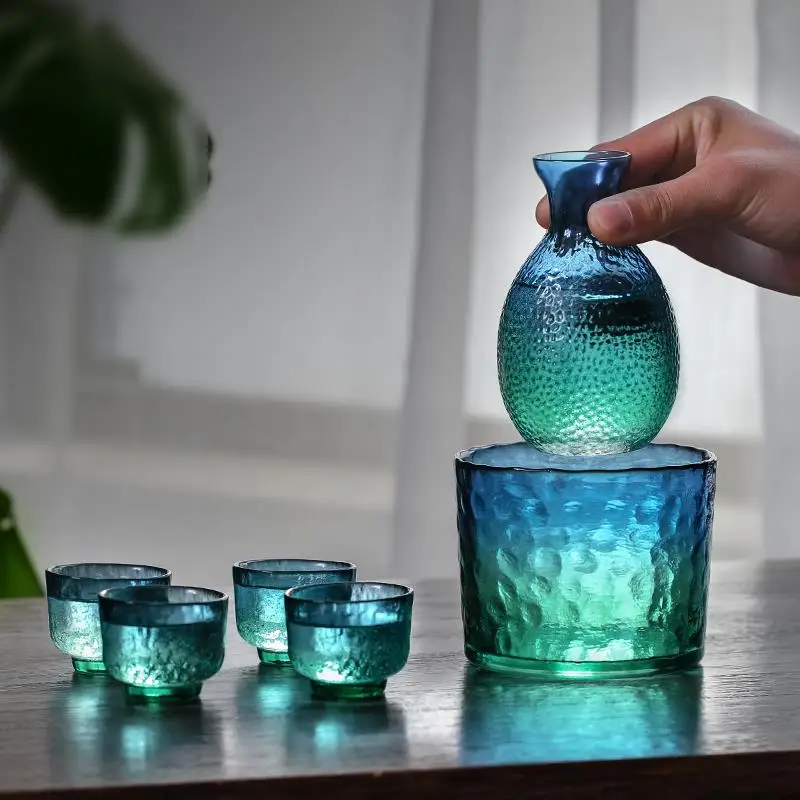 Creative Japanese Sake Pot Hammer Pattern Glass Pot Yellow Wine Whisky Cup Wine Warmer Malachite Blue Green Pot Wineware Gift