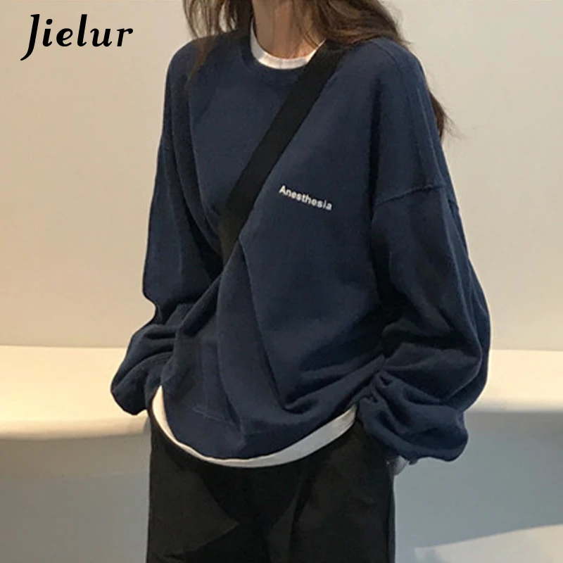 Jielur-Sudadera con capucha y letras Kpop para mujer, suéter fino y elegante de estilo coreano, moderno, color azul marino y gris, M-XXL