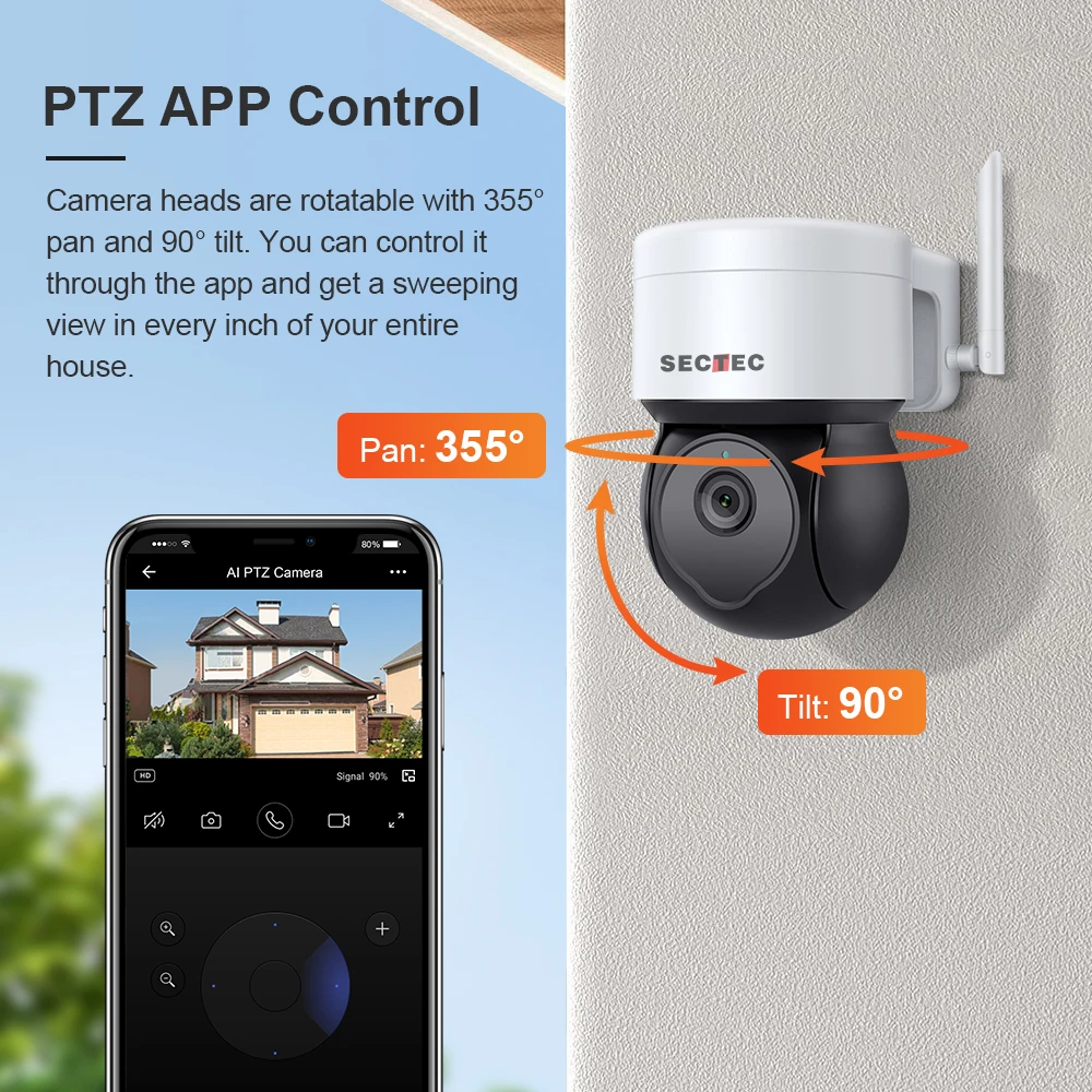 SECTEC 5MP Tuya PTZ Wifi IP Camera Smart Home ​Wireless Camera Detect Security Protection Surveillance Tracking CCTV Cam Audio