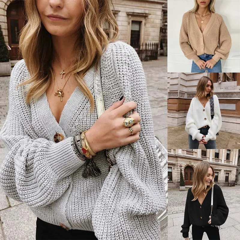 NEW Fashion Women Knitted Cardigans Sweater Fashion Autumn Long Sleeve Loose Coat Casual Button Thick V Neck Solid Female Tops