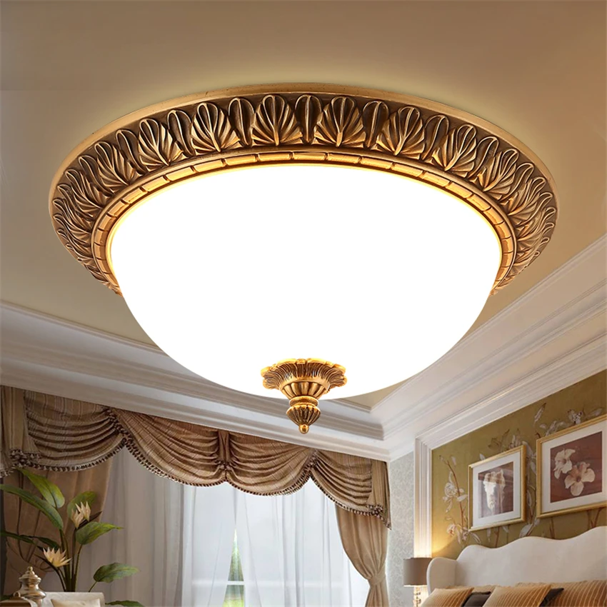 

All-copper European Glass Ceiling Lights Living Room Bedroom Luxurious E27 Golden Lamp Circular Ceiling Lamps Bathroom Lighting