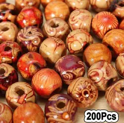 200Pcs Painted Wooden Beads Spacer Round Big Hole Beads for Jewelry Making Fit Charm Bracelet DIY Findings  9x10mm