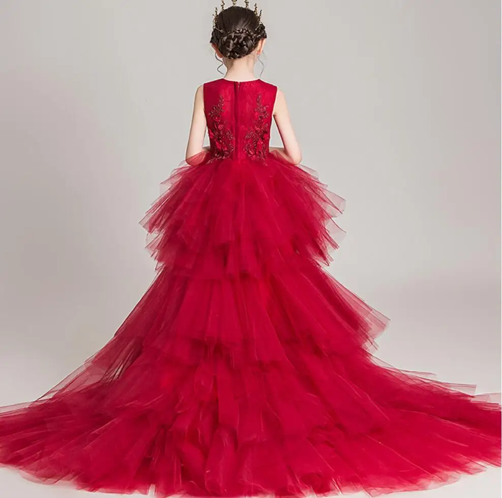 Red Tulle Girl Children Wedding Dress Appliques First Communion Formal long Lace Princess Prom Dress Party Girl Birthday Costume