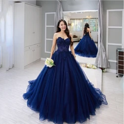 Customize Blue Lace Sleeveless Long Prom Dresses Sweetheart Ball Gown Applique Beading Plus Size Evening Dress Robe De Soiree