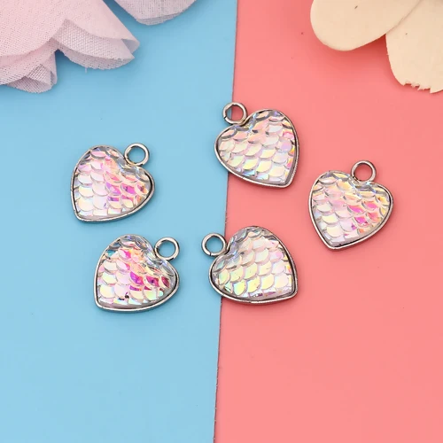 10 PCs 304 Stainless Steel Resin Heart  Mermaid Fish Dragon Scale Charms Silver Color White AB Color 16mm( 5/8