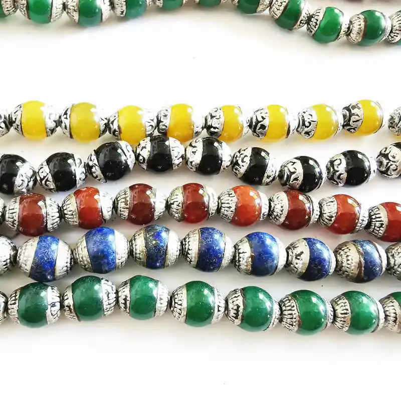 Wholesale 10PCS Tibetan Handmade Beads Capped Natural Stone Beads Agates Lapis Beads TSB0207