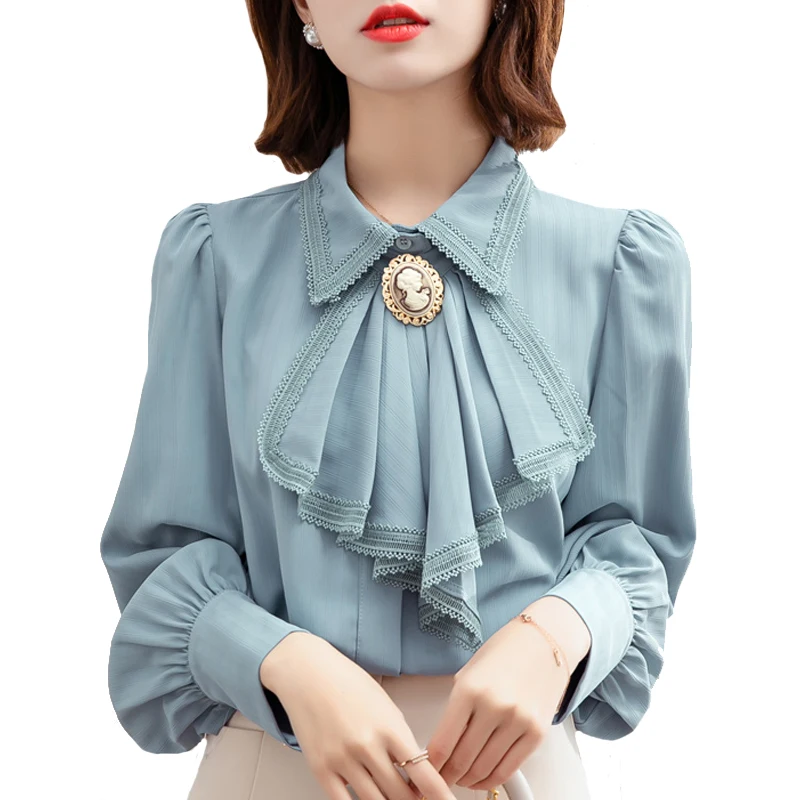 

Retro Blue Chiffon Blouse Autumn Spring Bowknot Workwear OL Tops Elegant Women Long sleeve Lace shirt