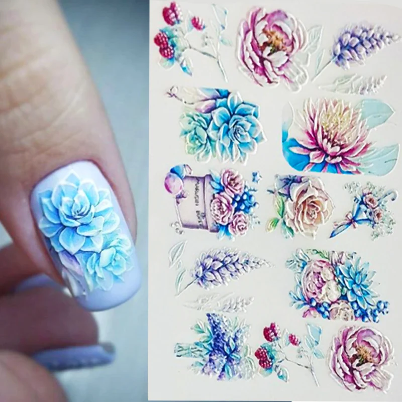 

Hot 3D Acrylic Engraved Flower Nail Sticker Blue Pink Color Flower Water Decals Empaistic Nail Water Slide Decals Z0479