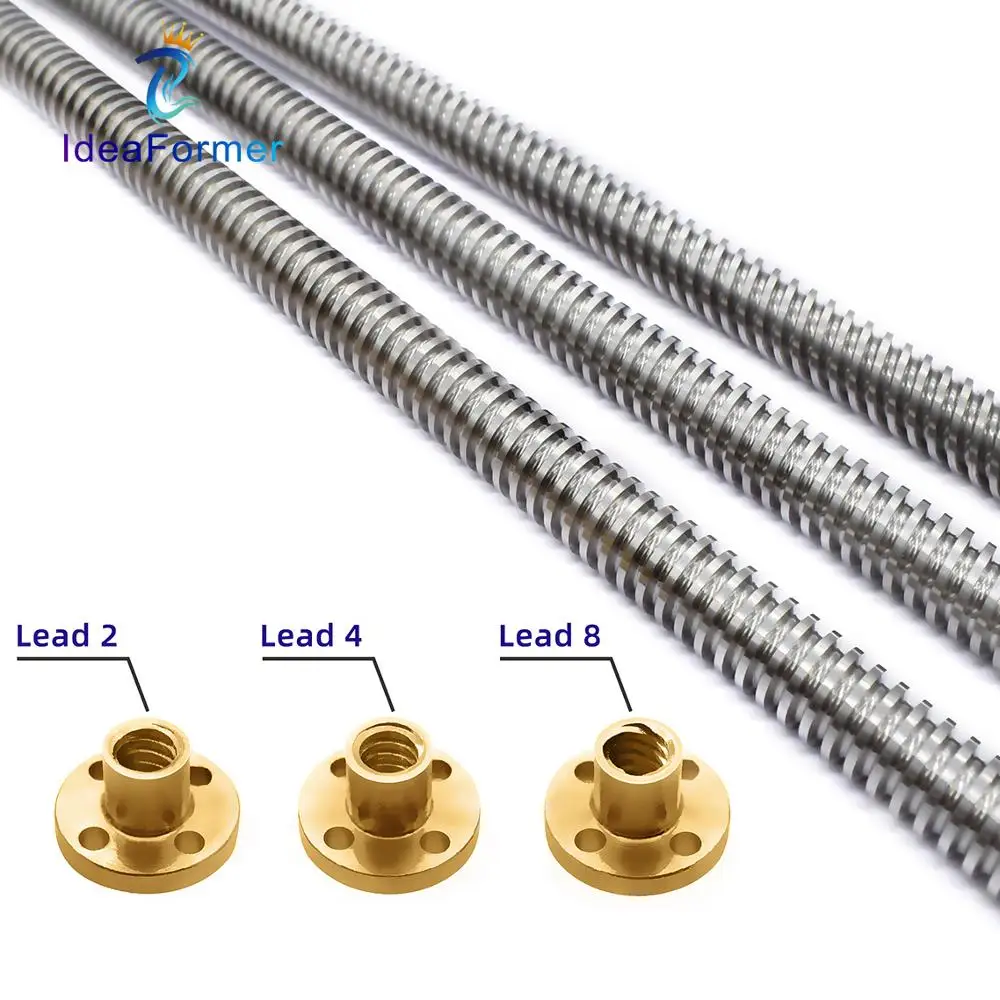 

2 Set T8 Diameter 8mm Pitch 2mm Lead 2/4/8mm Trapezoidal Spindle Lead Screw Length 200/250/300/350/400/500/600mm with Brass Nut.