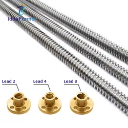 2 Set T8 Diameter 8mm Pitch 2mm Lead 2/4/8mm Trapezoidal Spindle Lead Screw Length 200/250/300/350/400/500/600mm with Brass Nut.