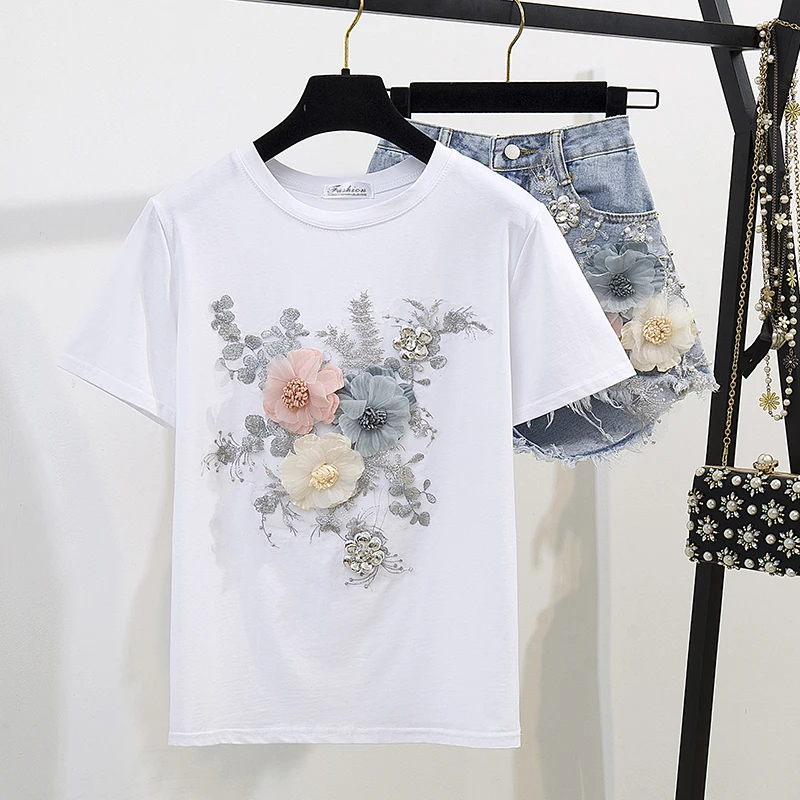 Fashion Cotton T-Shirt Tops + Short Jeans 2 Pieces Sets 2024 New Summer Women's Denim Pants Outfits 3D Flowers Beading Suits