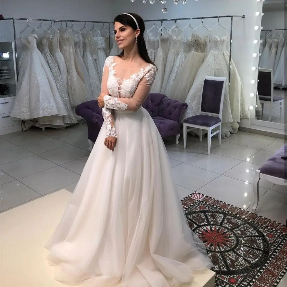 Gaun Pengantin 2021 Gaun Pengantin Kain Tule Pengadilan Seksi Leher-v Applique Renda Lengan Panjang A-Line Jubah Wanita Unik Menawan