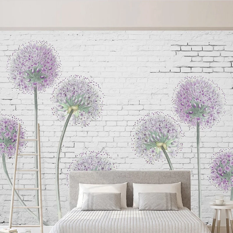 Custom 3D Wallpaper Modern 3D Stereo White Brick Wall Purple Dandelion Photo Mural Living Room TV Bedroom Art Home Decor Fresco