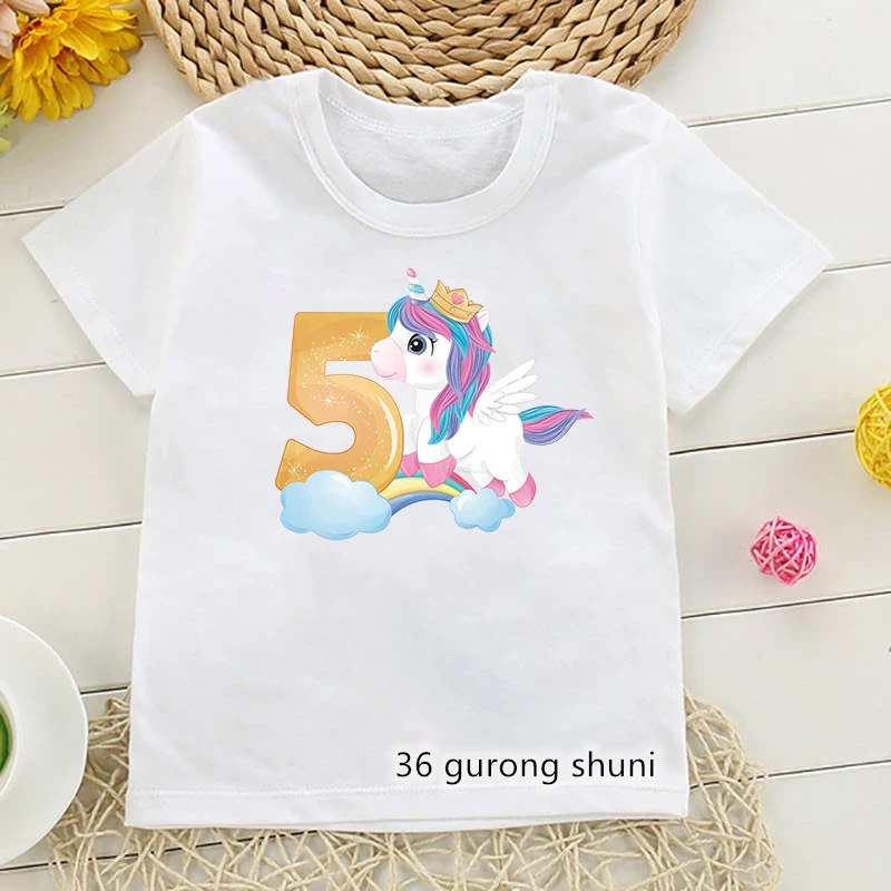 

New Kawaii Rainbow Horse Balloon 3-9th Birthday Gift Graphic Print T Shirts Boys Girls T-Shirts Kids Clothes Children Clothing