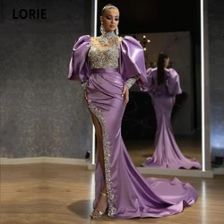 LORIE Arabic Evening Dress Crystals Puff Sleeves High Neck Beaded Mermaid Pleats Long Purple Dubai Prom Gown Party Dress 2024