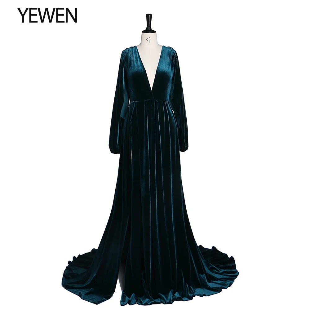 

Velvet V Neck Long Sleeves Maternity Dress for Photo Shoot with Stretch Waist Side Slit Photography Props Maternity Gowns YEWEN