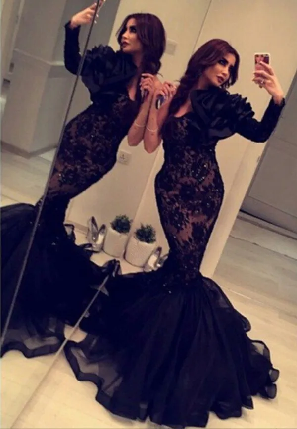 

2025 Arabian Black One Shoulder Flower Long Sleeve Lace Mermaid Prom evening gown robe de soiree mother of the bride dresses