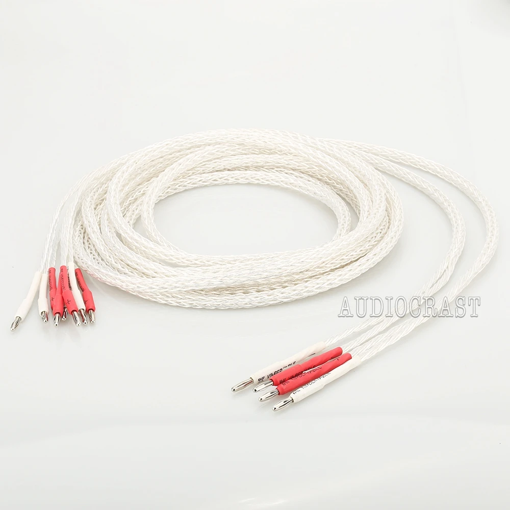 

Pair OCC Silver Plated 8AG Speaker Cable Biwire Loudspeaker Cable HIFI Audiophille 2 Banana to 4 Banana Plug Speaker Cable