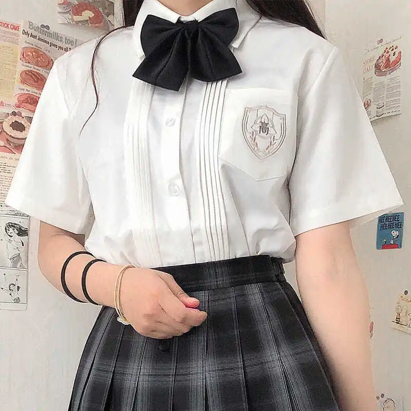 Mulheres verão blusas camisa de manga curta sólido branco bordado topos moda japonês coreano jk estilo feminino camisas lapela