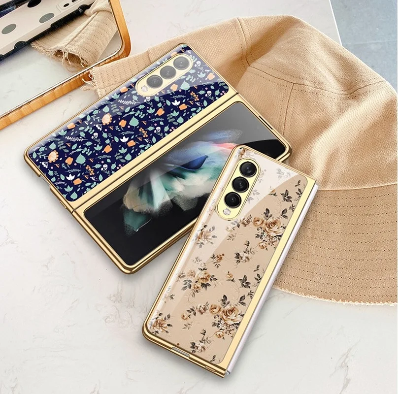 Vintage Floral Phone Case for Samsung Galaxy Z Fold 3 Cover Luxury Plating Shockproof Shell for Samsung Z Fold 3 Case