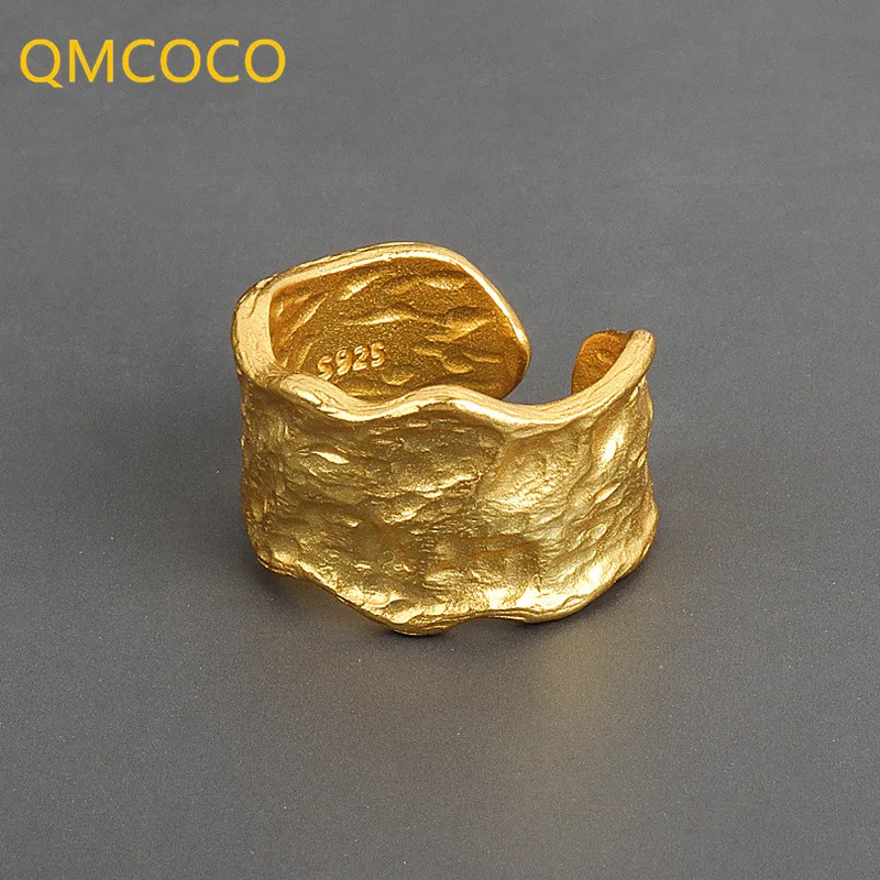 QMCOCO  New Style Vintage Silver Color Crumpled Concave Irregularity Wide Ring For Man And Women Fine Jewellery Party Gifts