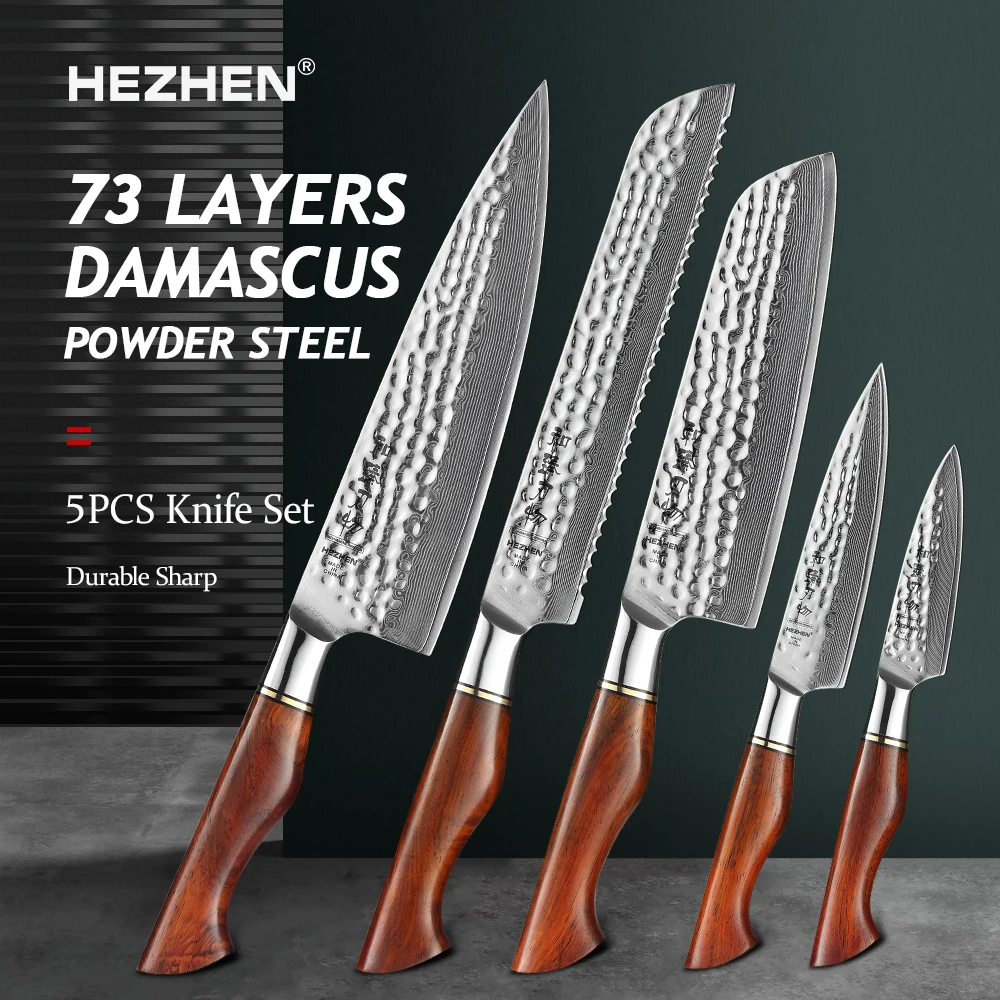 

HEZHEN 1-5PC Kitchen Knife Set Vacuum & Deep Freezer Heat Treatment 73 Layers Powder Damascus Steel Chef Cooking Tools