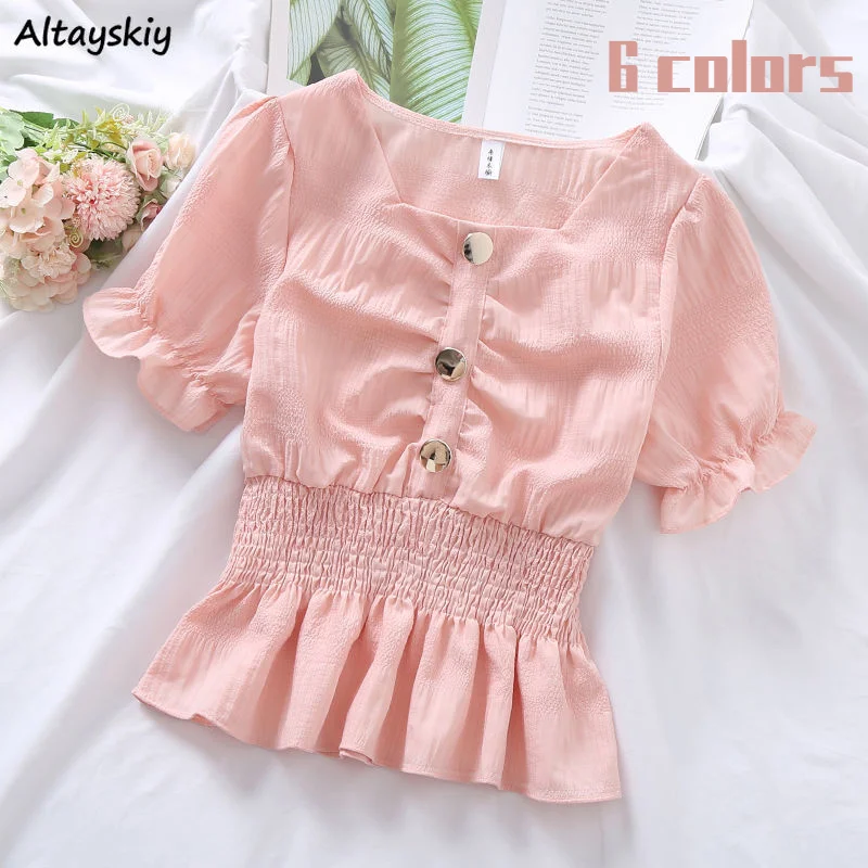 Blouses Women Candy Colors Ulzzang Kawaii Fashion Ins Preppy Clothing Summer Sweet Lovely Girls Slim 2021 Shirring Square Collar