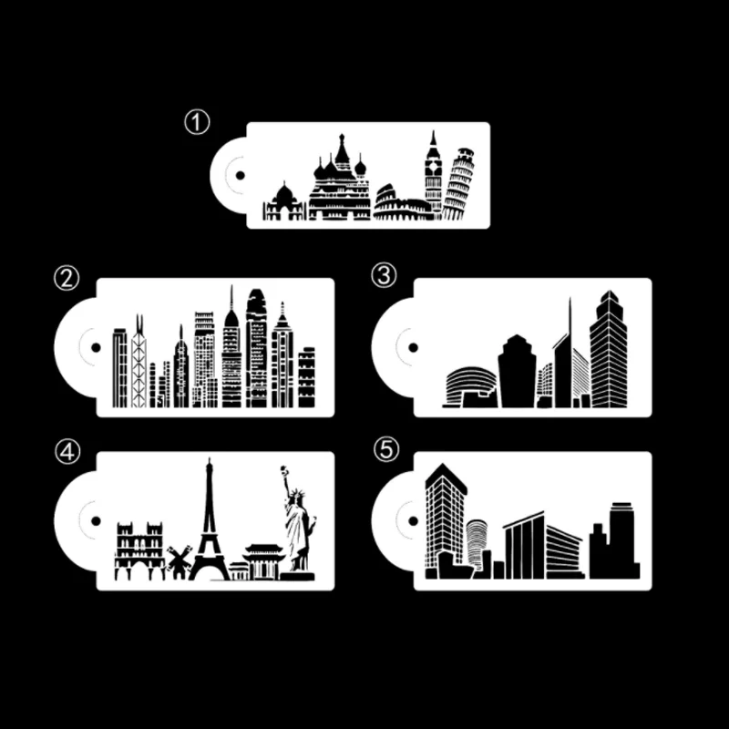 5pc City Building Stencil pareti fai-da-te stratificazione modello di pittura Decor Scrapbooking goffratura forniture riutilizzabili