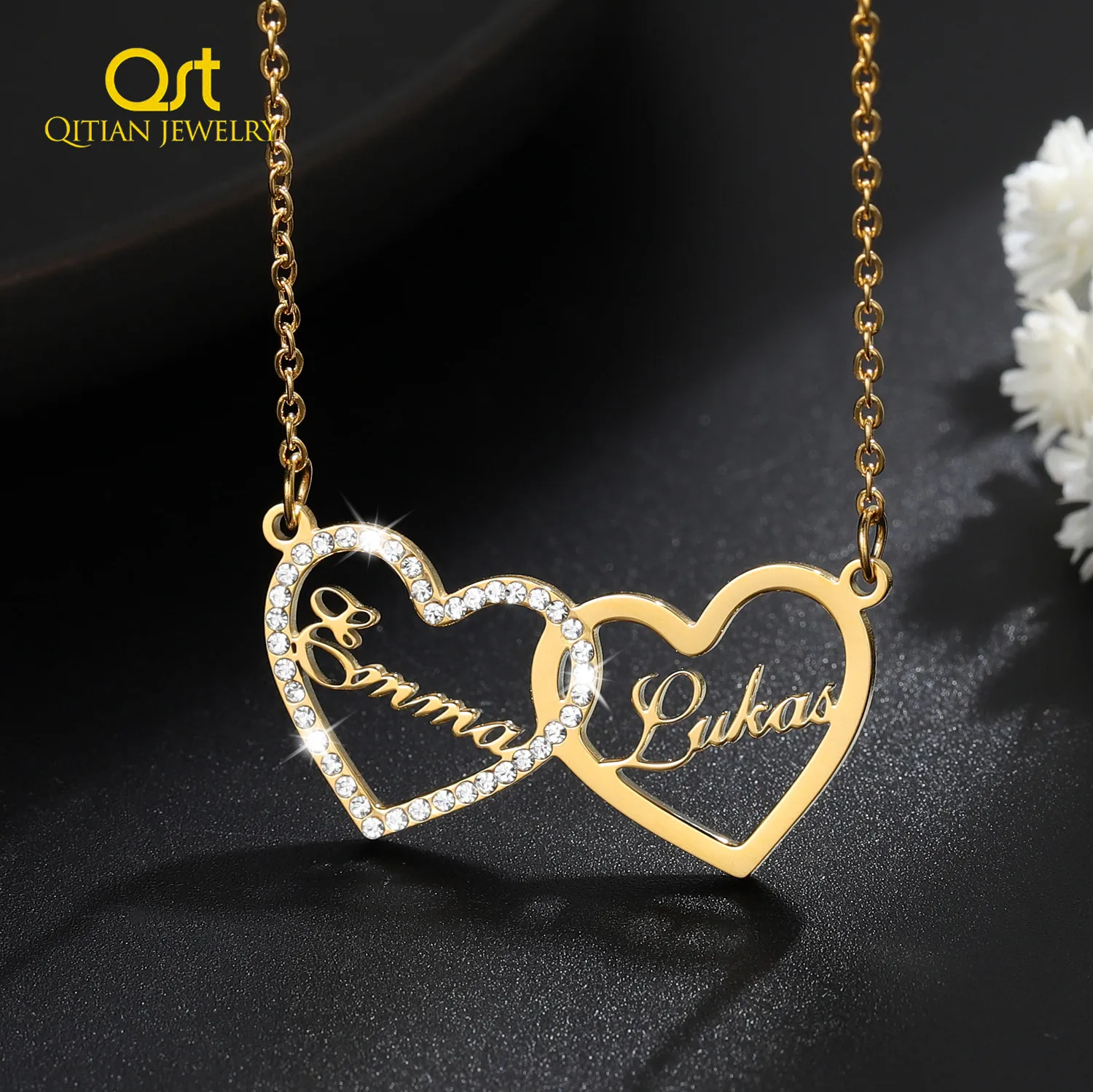 Qitian Custom Heart Necklace With Name Personalized Name Necklace Iced Out Chain Crystal Name Pendant Jewelry For Women Gifts