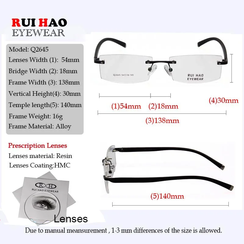 Lunettes de Prescription personnalisées pour hommes et femmes, loisirs, myopie, hypermétropie, rectangulaires, sans bords, lentilles en résine de remplissage 2645