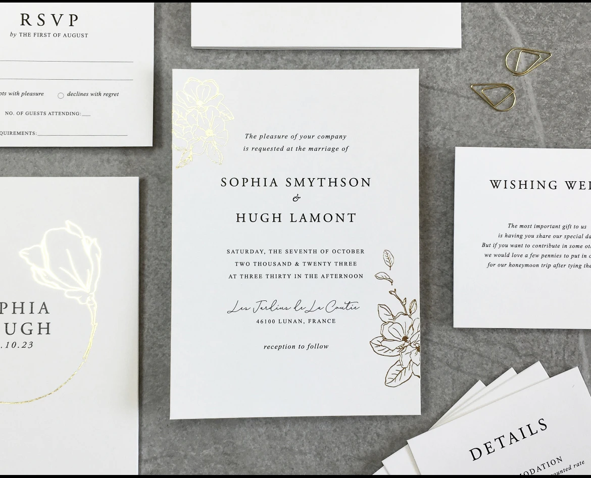 Simple foil print Wedding invitation，gold ,rose gold ,sliver foil printing with flower design . 50/100pcs