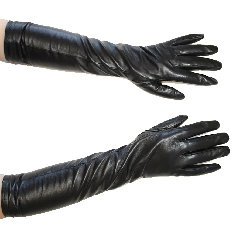 Super Long Sheepskin Gloves Women Leather Touch Screen Elbow Length Thin Silk Spring and Autumn Thick Velvet Lining Arm Sets